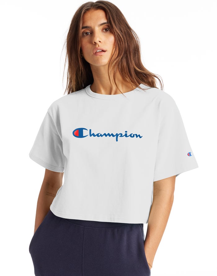 Champion Dame T-Shirts Hvide - Heritage Cropped Script Logo - Danmark YNG-031842